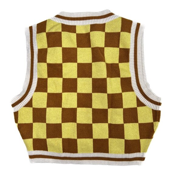 Urban Outfitters Randi Cropped Checkered Yellow Brown Sweater Vest V-Neck - NWOT - Picture 3 of 6